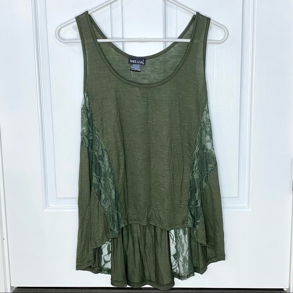 Wet Seal Olive Green Lace Hi-Low Tank Top (S) - Picture 1 of 4